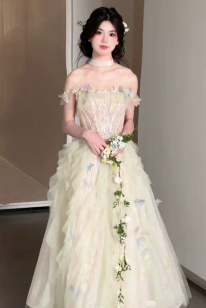 Elegant Ivory Prom Gown , 3D Floral Flowy Corset Maxi Evening Dress Quinceanera Dress RS1494