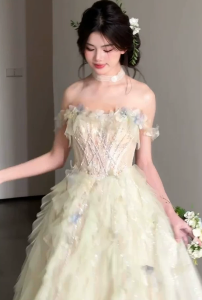 Elegant Ivory Prom Gown , 3D Floral Flowy Corset Maxi Evening Dress Quinceanera Dress RS1494