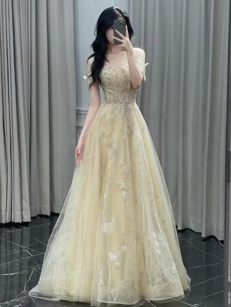 Gentle Pastel Yellow Prom Gown , Beaded Glitter Corset Maxi Evening Dress RS1495
