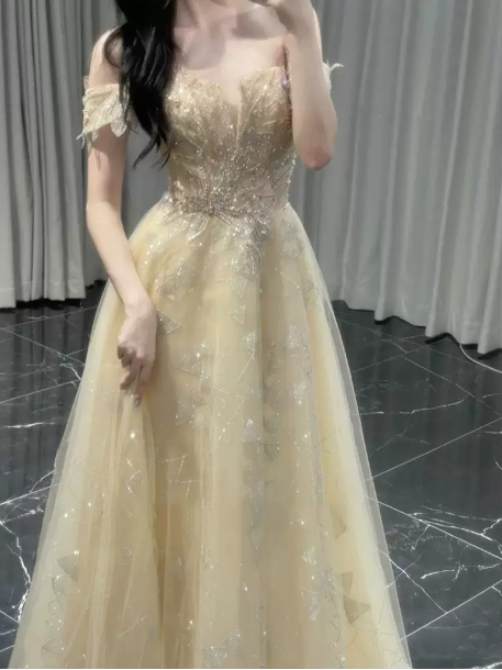 Gentle Pastel Yellow Prom Gown , Beaded Glitter Corset Maxi Evening Dress RS1495