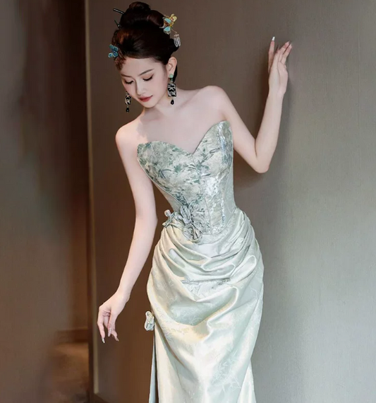 Elegant Mint Green Prom Gown , Niche Embroidery Bodycon Maxi Evening Dress RS1497