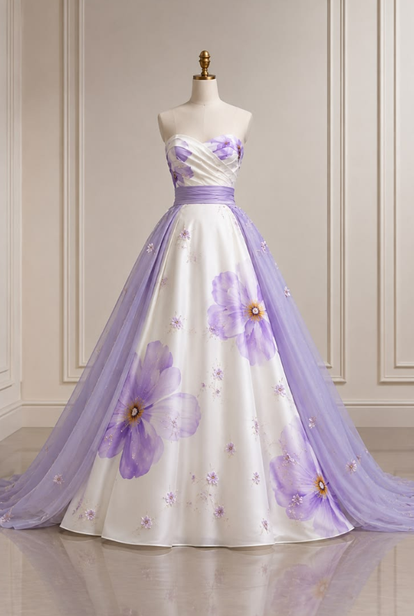 Elegant White Prom Gown , Floral Pattern Tulle Trail Corset Maxi Evening Dress RS1498