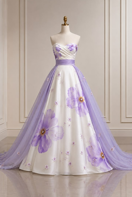 Elegant White Prom Gown , Floral Pattern Tulle Trail Corset Maxi Evening Dress RS1498