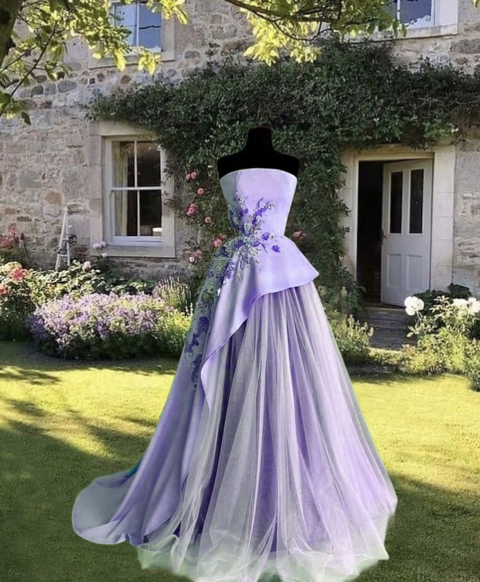 Elegant Purple Prom Gown , Floral Pattern Chiffon Trail Corset Maxi Evening Dress RS1499
