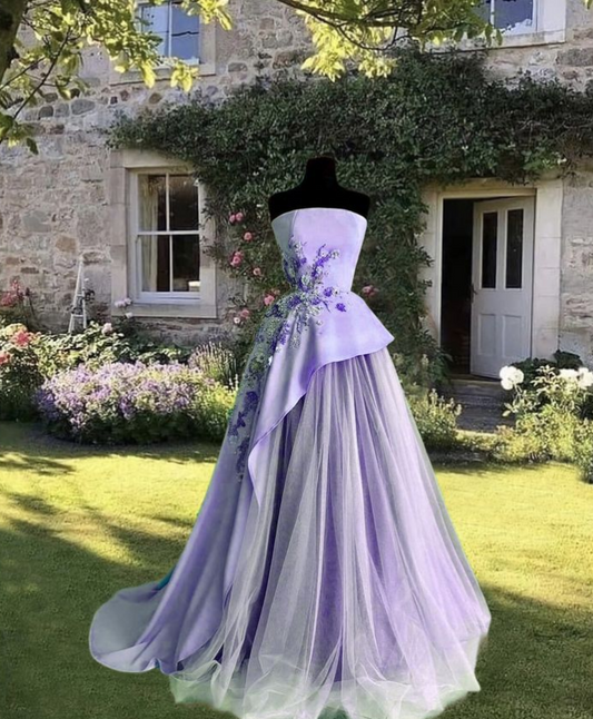 Elegant Purple Prom Gown , Floral Pattern Chiffon Trail Corset Maxi Evening Dress RS1499