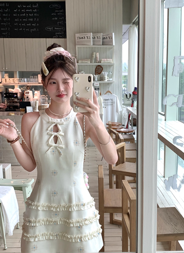 Solid color halter neck sleeveless waist dress for women summer French temperament retro skirt R4747