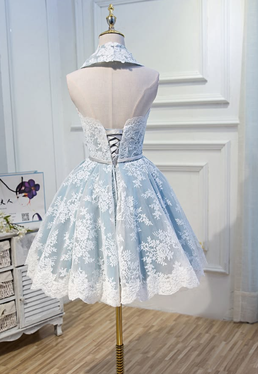 Pretty Pale Blue Homecoming Dress , Lace Embroidery Corset Mini Birthday Dress RS1475