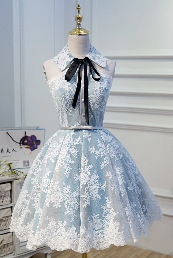 Pretty Pale Blue Homecoming Dress , Lace Embroidery Corset Mini Birthday Dress RS1475