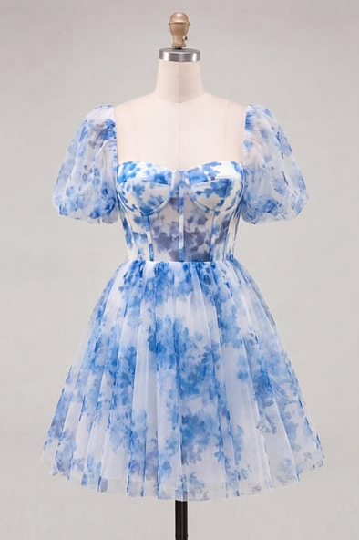 Pretty Floral Homecoming Dress , Printed Pattern Flowy Corset Mini Summer Dress RS1477
