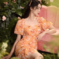 Orange puff sleeves, slim waist, irregular design, short skirt, homecoming dress R4057