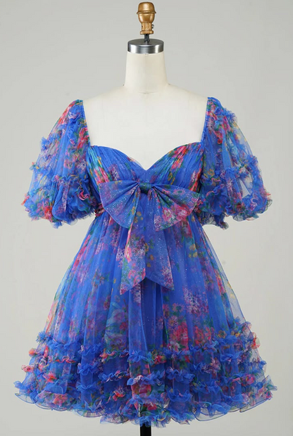 Pretty Floral Homecoming Dress , Navy Flowy Chiffon Corset Mini Summer Dress RS1478