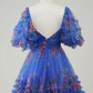 Pretty Floral Homecoming Dress , Navy Flowy Chiffon Corset Mini Summer Dress RS1478