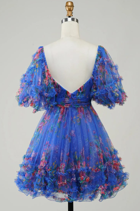 Pretty Floral Homecoming Dress , Navy Flowy Chiffon Corset Mini Summer Dress RS1478