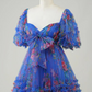 Pretty Floral Homecoming Dress , Navy Flowy Chiffon Corset Mini Summer Dress RS1478