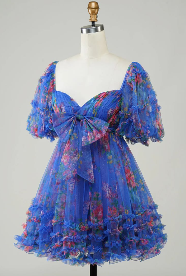 Pretty Floral Homecoming Dress , Navy Flowy Chiffon Corset Mini Summer Dress RS1478