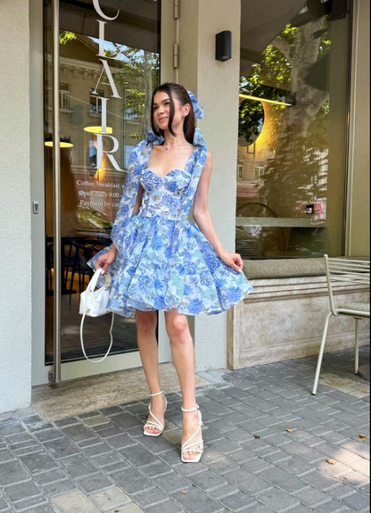 Pretty Floral Homecoming Dress , Baby Blue Flowy Chiffon Corset Mini Summer Dress Party Dress RS1479