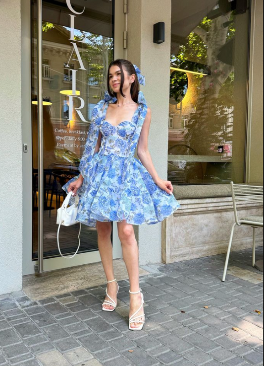 Pretty Floral Homecoming Dress , Baby Blue Flowy Chiffon Corset Mini Summer Dress Party Dress RS1479