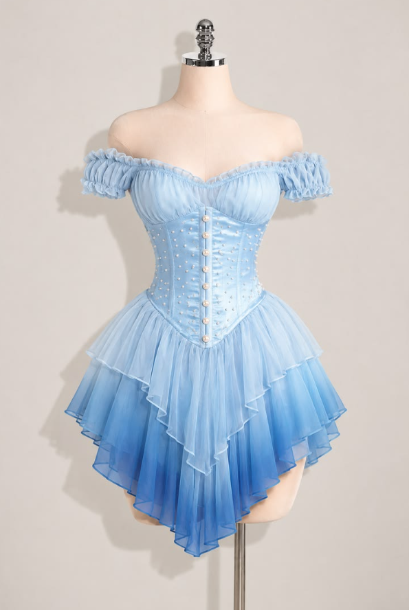 Fresh Ruffled Homecoming Dress , Baby Blue Flowy Chiffon Corset Mini Summer Dress Party Dress RS1480