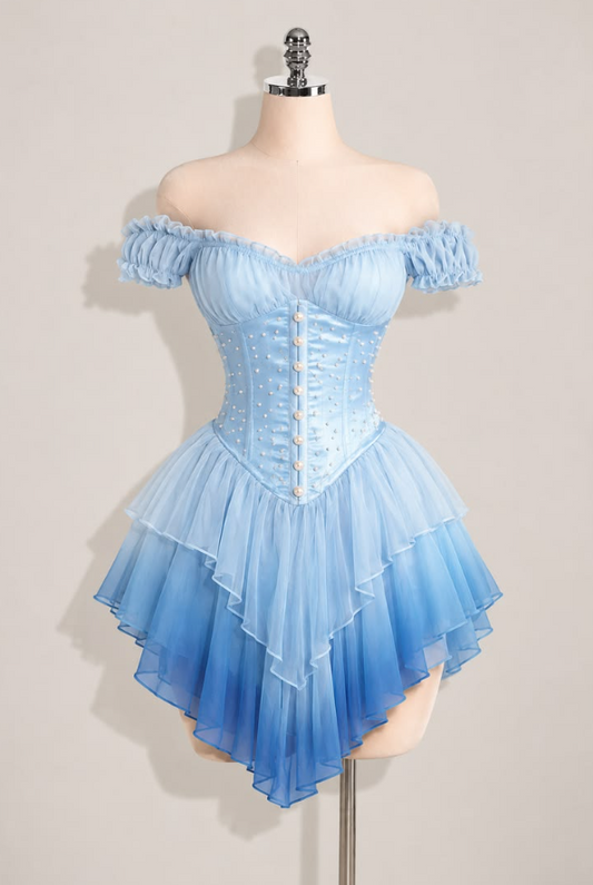 Fresh Ruffled Homecoming Dress , Baby Blue Flowy Chiffon Corset Mini Summer Dress Party Dress RS1480