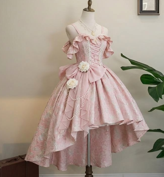 Princess Pink Prom Gown , 3D Floral Embroidery Corset Hi-Lo Birthday Dress RS1501