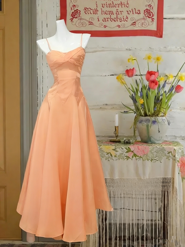 Light pink satin suspender waist slim fit A-line maxi ball gown R6066