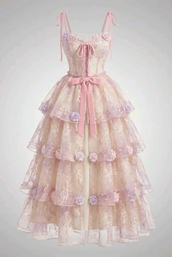 Dreamy Ruffled Prom Gown , Pink Flowy 3D Floral Corset Midi Summer Dress Cami Dress RS1507