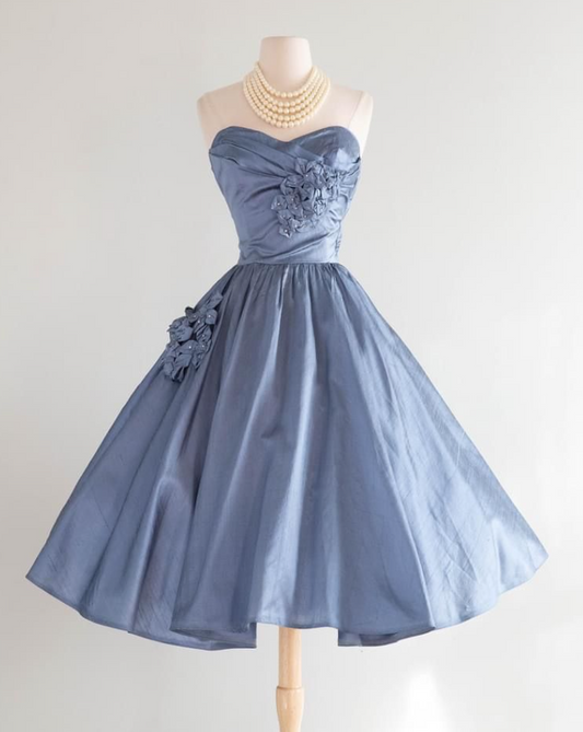 Navy Elegant Homecoming Dress , Silky 3D Floral Corset Mini Evening Dress RS1482