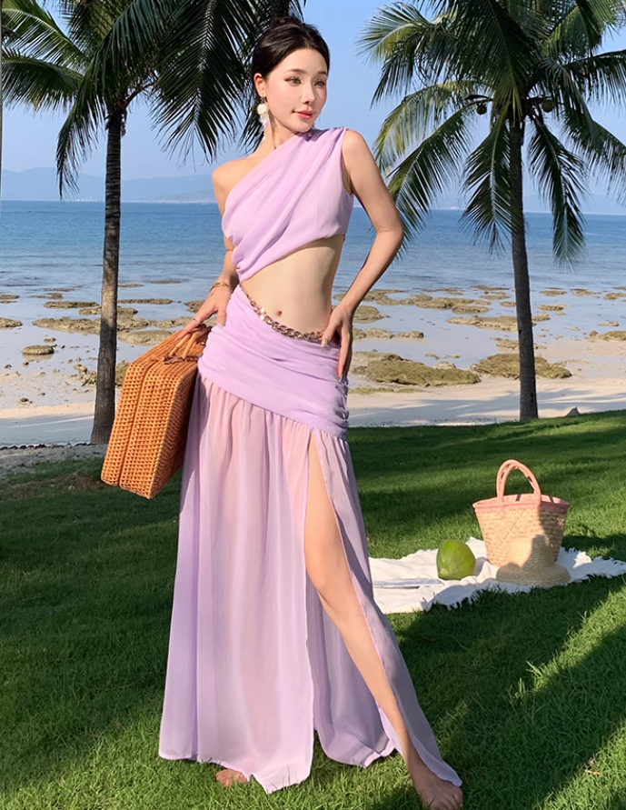 Photo skirt waist-baring one-shoulder dress design seaside atmosphere holiday beach skirt R1592