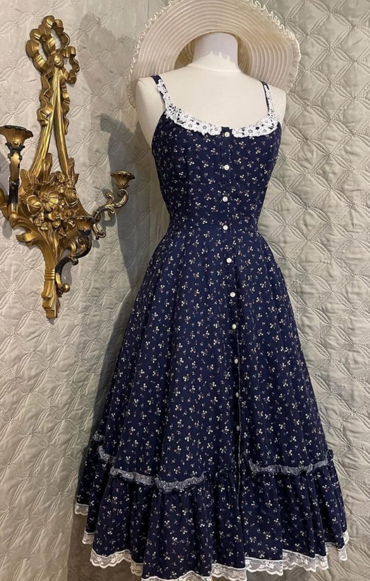 Flowy Homecoming Dress , Navy Chiffon Floral Corset Midi Summer Dress Cami Dress RS1514