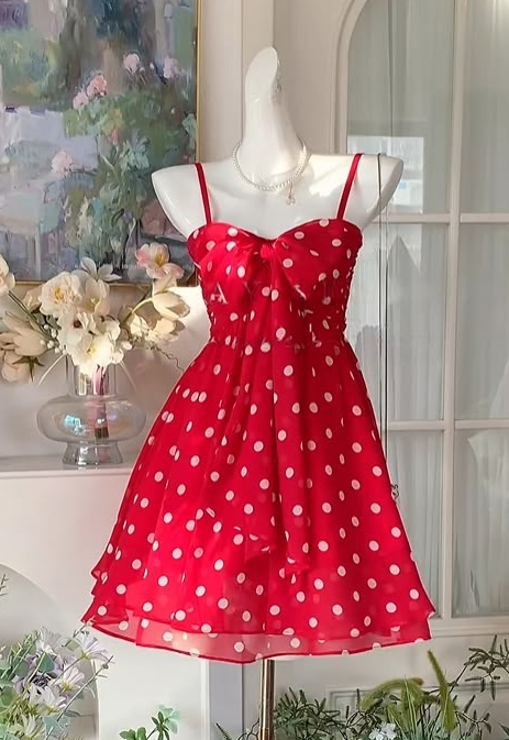 Vibrant Red Homecoming Dress , Polka Dots Flowy Corset Mini Summer Dress Cami Dress RS1511