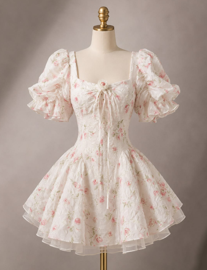 Fresh White Homecoming Dress , Floral Flowy Chiffon Corset Mini Summer Dress RS1512