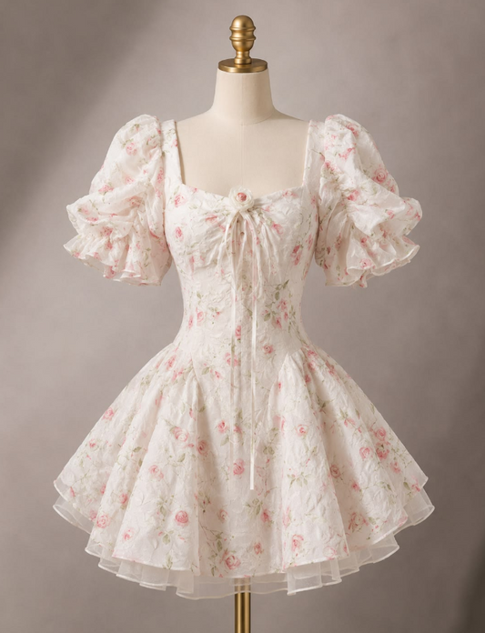 Fresh White Homecoming Dress , Floral Flowy Chiffon Corset Mini Summer Dress RS1512