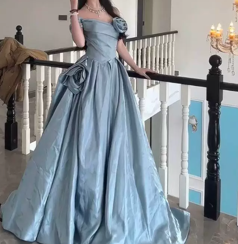Elegant Blue Prom Gown , 3D Floral Silky Corset Maxi Evening Dress RS1510