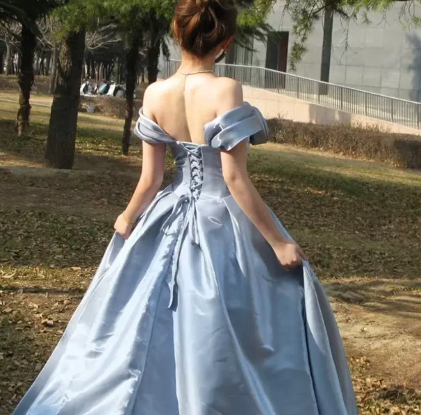 Elegant Blue Prom Gown , 3D Floral Silky Corset Maxi Evening Dress RS1510