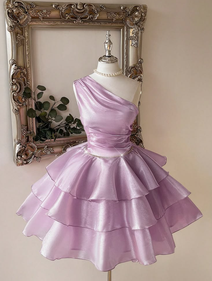 Lavender Ruffled Homecoming Dress , Silky Satin Corset Short Prom Dress RS1516