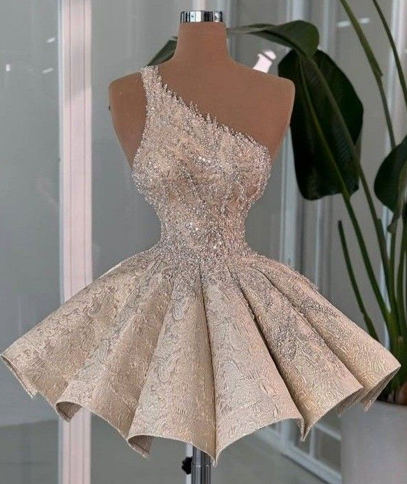 Gorgeous Champagne Homecoming Dress , Beaded Glitter Corset Short Prom Dress RS1517