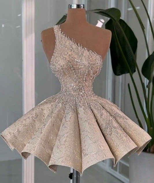 Gorgeous Champagne Homecoming Dress , Beaded Glitter Corset Short Prom Dress RS1517