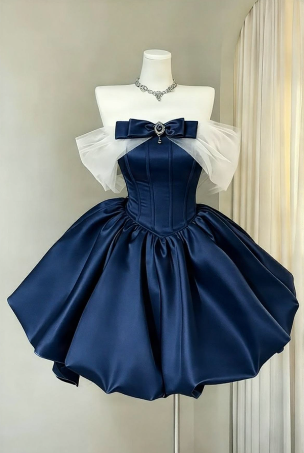 Navy Elegant Homecoming Dress , Silky Satin Corset Short Prom Dress RS1519