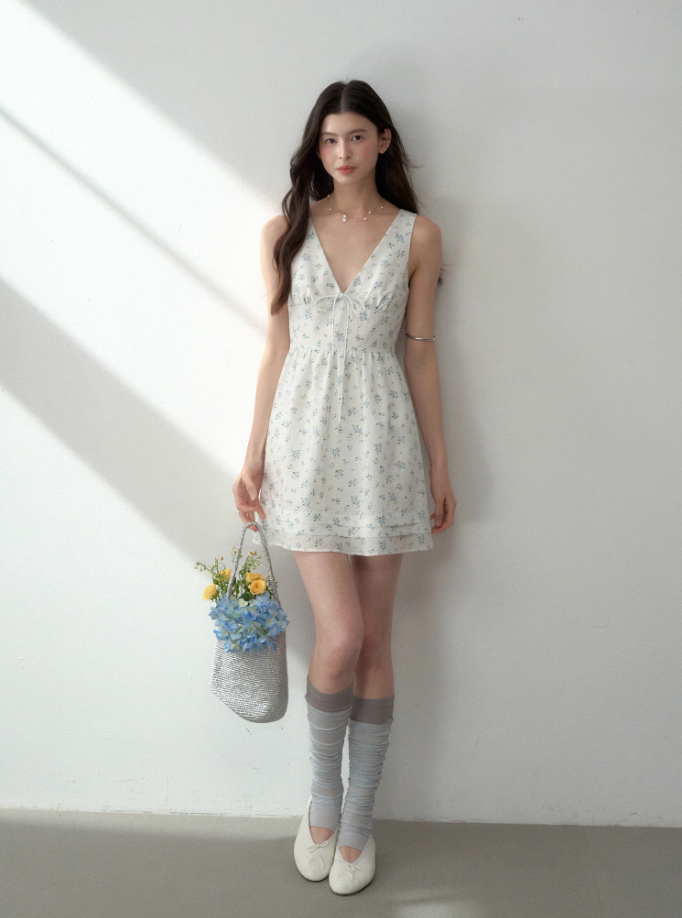 Tencel bow tie V-neck vest dress summer sweet playful midi dress R3332