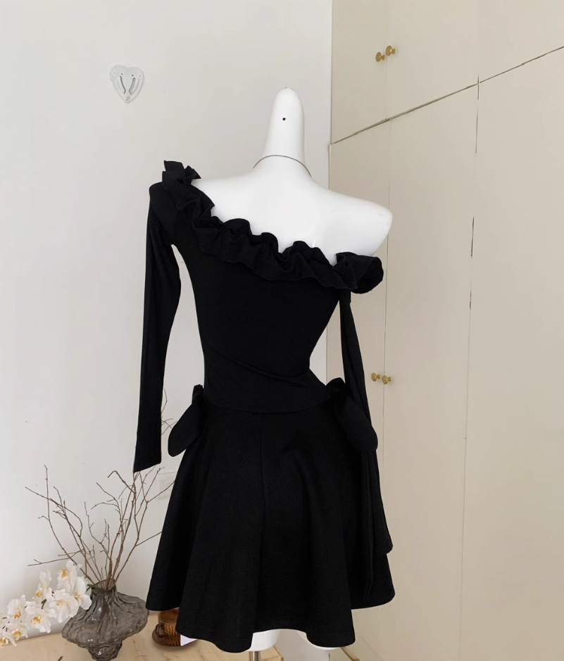 Little black dress one shoulder dress waist black high-end temperament skirt R1996