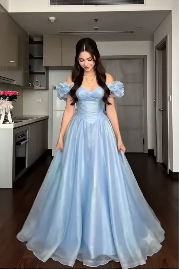 Puffy Silky Women's Prom Gown Baby Blue Waist Fitted Maxi Evening Dress Birthday Dress — Fall Outfit 2026 New  RS3253