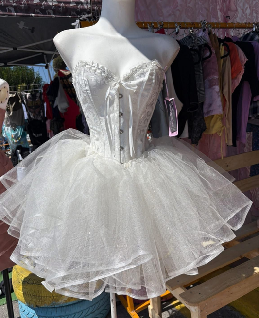 Elegant White Homecoming Dress , Tulle Glitter Corset Short Prom Dress RS1527