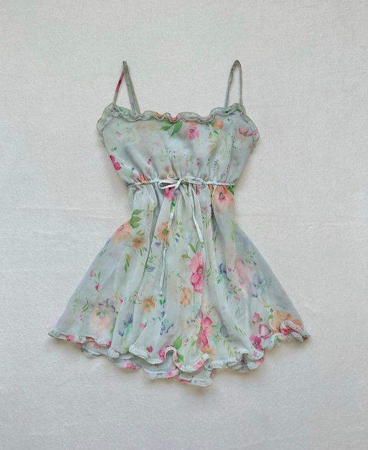 Green Floral Homecoming Dress , Flowy Chiffon Corset Mini Summer Dress RS1529