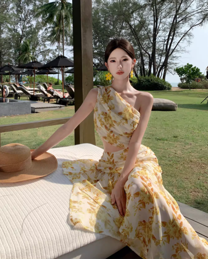 Chic and beautiful skirt atmosphere off-shoulder waist dress chiffon floral beach skirt R1622