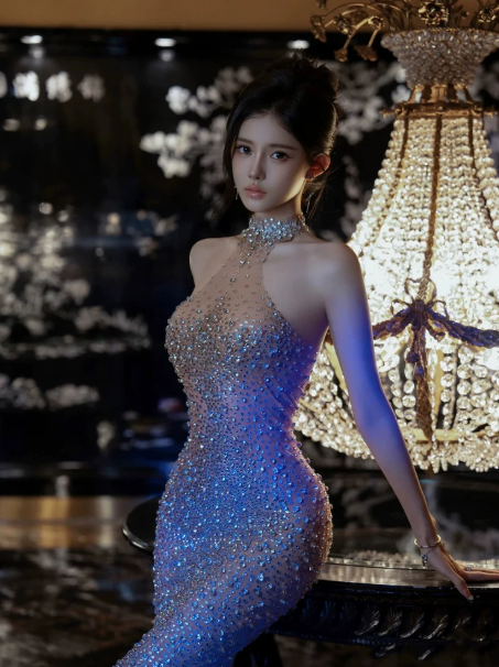Elegant Royal Blue Sheath Halter Long Women Dress with Beaded Party Dress Prom Dress RS132