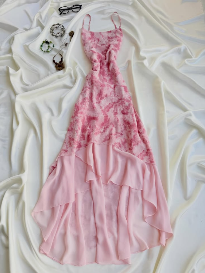 Charming Floral Prom Gown , Pink Flowy Chiffon Corset Maxi Summer Dress Cami Dress RS1535