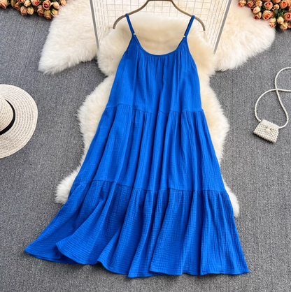 French style super fairy blue suspender skirt holiday dress slim petite loose travel beach skirt R0381