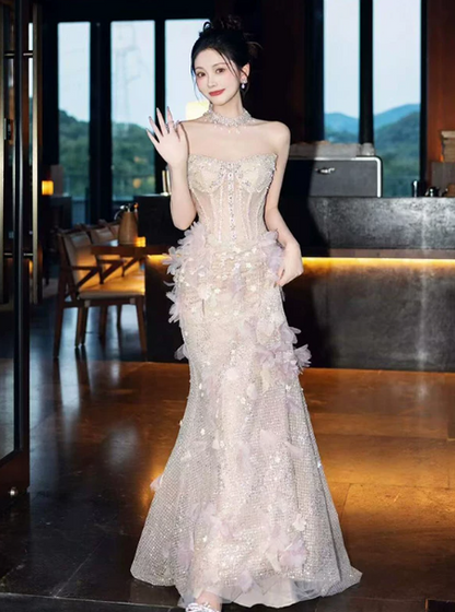 Sparkly Champagne Prom Gown , Feather Decor Sequins Corset Maxi Evening Dress RS1536