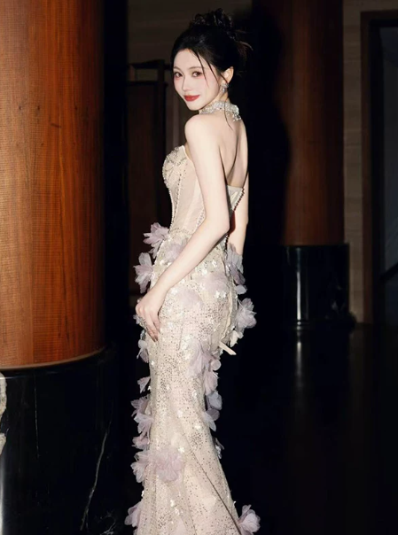 Sparkly Champagne Prom Gown , Feather Decor Sequins Corset Maxi Evening Dress RS1536