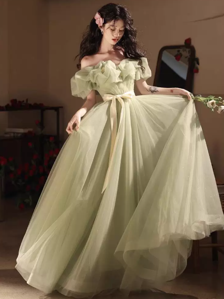 Hazy Green Prom Gown , Puffy Tulle Corset Maxi Evening Dress RS1537